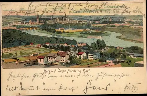 Litho Metz Moselle, Blick auf den Ort von der Veste Friedrich Karl, Panorama