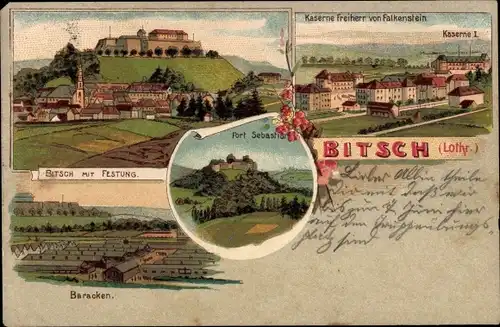 Litho Bitche Bitsch Lothringen Moselle, Kaserne Freiherr von Falkenstein, Festung, Baracken