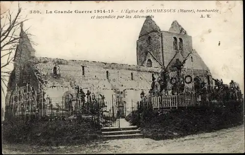 Ak Sommesous Marne, L'Eglise, La grand Guerre 1914-1915, Trümmer