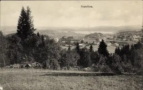 Ak Kramfors Schweden, Ansicht auf Berg auf Stadt