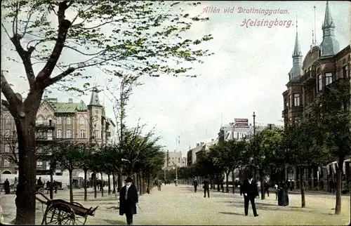 Ak Hälsingborg Helsingborg Schweden, Allen vid Drottninggatan, Allee, Türme