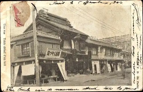 Ak Tokio Japan, Une rue Tokio détail d'un toit, Straßenpartie, Geschäfte