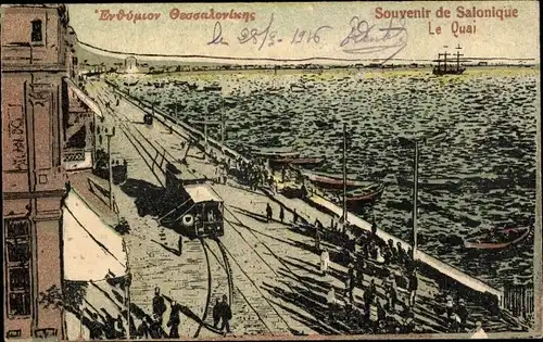 Ak Saloniki Thessaloniki Griechenland, Le Quai, Boote, Straßenbahn