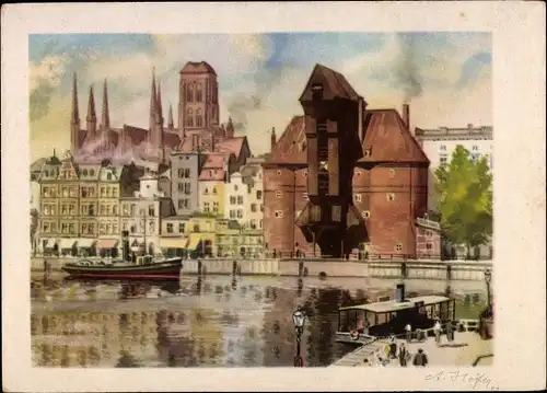 Künstler Ak Höfer, A., Gdańsk Danzig, Krantor, St. Marienkirche, Mottlau