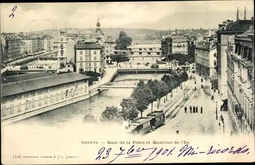 Ak Genève Genf Stadt, Quai de la Poste et Quartier de l'Ile, tramway