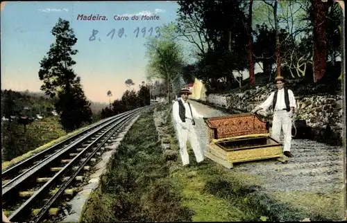 Ak Insel Madeira Portugal, Carro do Monte, Sessel mit Trägern neben Bahnstrecke