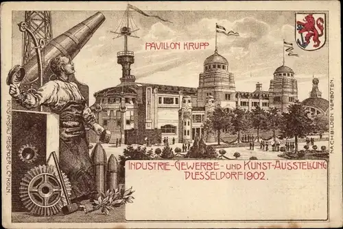Ak Düsseldorf am Rhein, Industrie Gewerbe Kunst Ausstellung 1902, Pavillon Krupp, Hammer, Kanone
