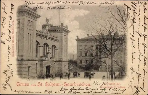 Ak St. Johann Saarbrücken im Saarland, Bahnhof mit Eisenbahn-Direction, Kutsche