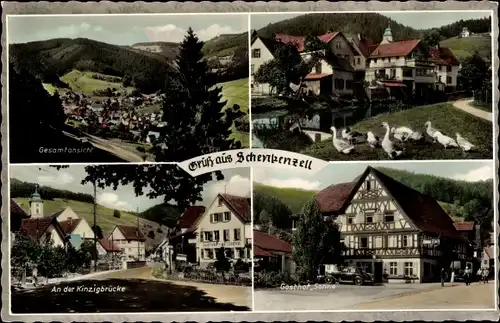 Ak Schenkenzell im Schwarzwald, Gasthaus und Pension zur Sonne, Gesamtansicht, Kinzigbrücke