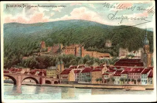 Künstler Ak Heidelberg am Neckar, Schloss von der Philosophenhöhe