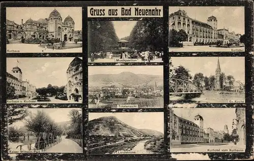 Ak Bad Neuenahr Ahrweiler, Musikpavillon, Landskrone, Kurhotel, Kirche, Gesamtansicht, Landskrone