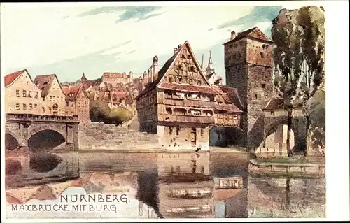 Künstler Ak Nürnberg in Mittelfranken, Maxbrücke, Burg