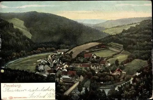 Ak Treseburg Thale im Harz, Hotel Weisser Hirsch, Panorama, Fluss, Brücke, Wald