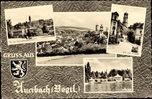 Ak Auerbach im Vogtland, Panorama, Blick zum Altmarkt, Götzschbrücke, Bad Brunn, Wappen