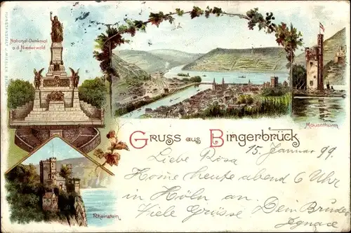 Litho Rüdesheim am Rhein, Mauseturm, National Denkmal, Rheinstein, Bingerbrück