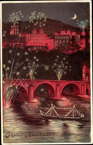 Ak Heidelberg am Neckar, Schlossbeleuchtung, Feuerwerk, Boote, Nacht, Brücke