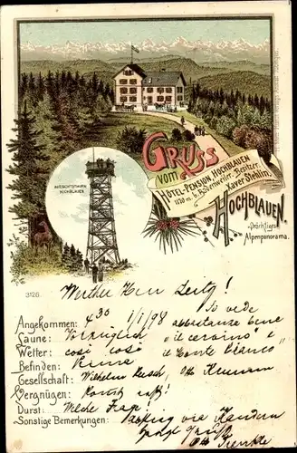 Litho Blauen Badenweiler im Schwarzwald, Hochblauen, Hotel, Aussichtsturm