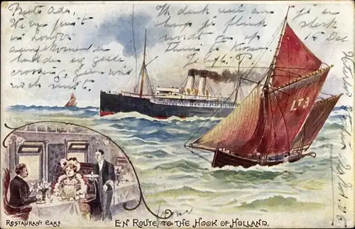 Ak Dampfer, Dampfschiff, Segelboot, En Route to the Hook of Holland, Restaurant