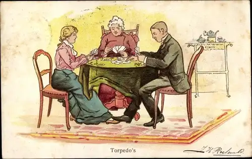 Litho Familie am Tisch, Kartenspiel, Torpedo's