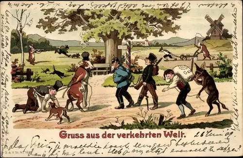 Litho Gruß aus der verkehrten Welt, Menschen am Strick von Tieren geführt
