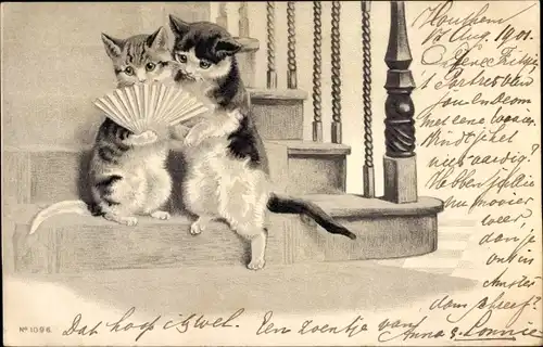 Präge Litho Zwei Katzen steigen Treppen, Katze mit Fächer