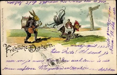 Litho Glückwunsch Ostern, Osterhase, Henne, Eier, Eier-Farbe, Wegweiser