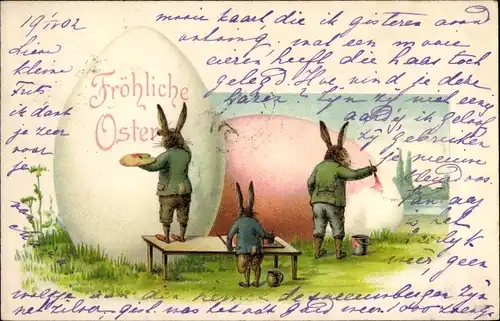 Litho Glückwunsch Ostern, Hasen bemalen Ostereier