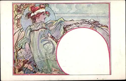 Litho Portrait einer jungen Frau, Blumen, Profilansicht