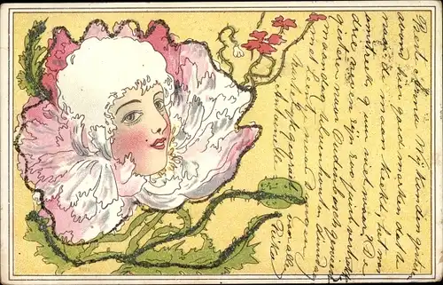 Litho Portrait einer jungen Frau, Blumen