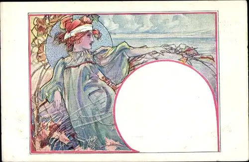 Litho Portrait einer jungen Frau, Blumen, Profilansicht