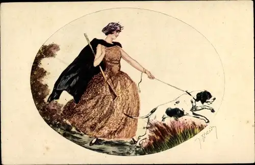 Künstler Ak Hardy, Jean, Art Deco, Frau mit Gewehr und Jagdhund