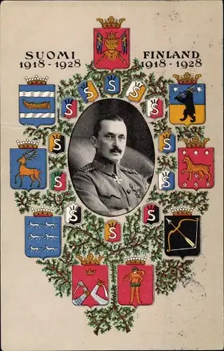 Wappen Passepartout Ak Finnland, Suomi 1918-1928, Generalfeldmarschall Carl Gustaf Emil Mannerheim