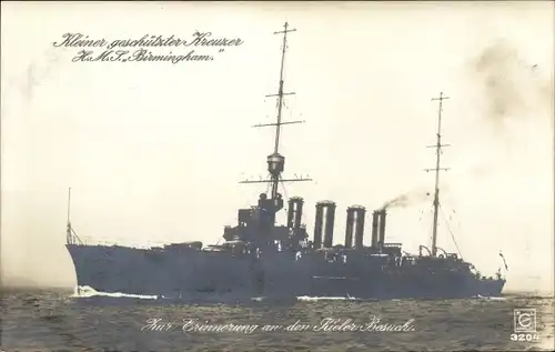 Ak Britisches Kriegsschiff, HMS Birmingham, Kleiner geschützter Kreuzer, Kieler Besuch