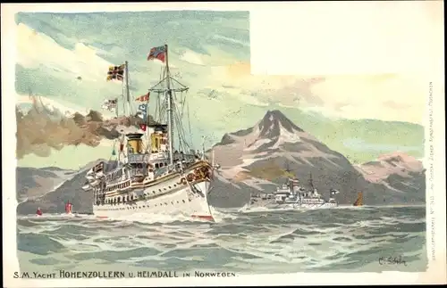 Künstler Ak Deutsches Kriegsschiff, SM Yacht Hohenzollern, SMS Heimdall, Norwegen