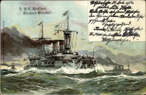 Künstler Litho Stöwer, Willy, Deutsches Kriegsschiff, SMS Kurfürst Friedrich Wilhelm, Linienschiff