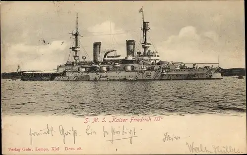 Ak Deutsches Kriegsschiff, SMS Kaiser Friedrich III, Linienschiff, Kaiserliche Marine