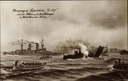 Künstler Ak Untergang des Torpedobootes G171, Kollision mit SMS Zähringen, Herbst 1912