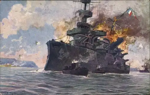 Künstler Ak Schulze, Hans Rudolf, Französisches Kriegsschiff, Panzerschiff Bouvet, Dardanellen