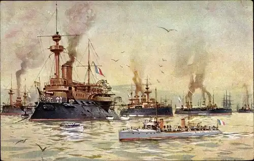 Künstler Ak Stöwer, Willy, Französische Kriegsschiffe im Hafen, Flotte