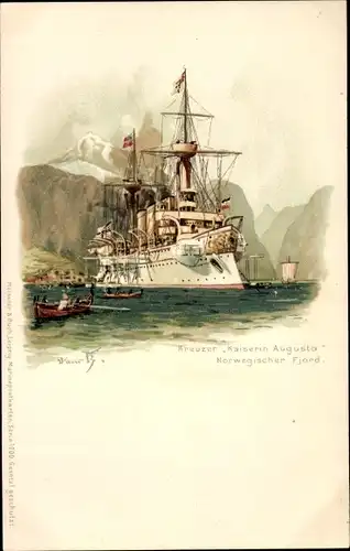 Künstler Litho Bohrdt, Hans, Deutsches Kriegsschiff, Kreuzer Kaiserin Augusta, Norwegischer Fjord