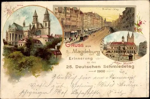 Litho Magdeburg in Sachsen Anhalt, 25. Deutscher Schmiedetag 1900, Dom, Breiter Weg