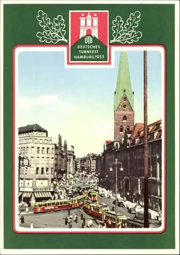 Ak Hamburg, Turnfest 1953, Verkehr am Rathaus, Straßenbahnen