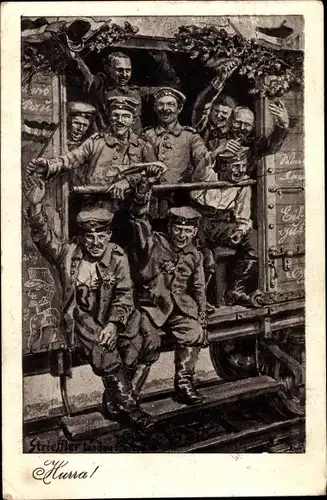 Künstler Ak Strieffler, Hurra, Deutsche Soldaten fahren aus, Eisenbahnwaggon, I. WK