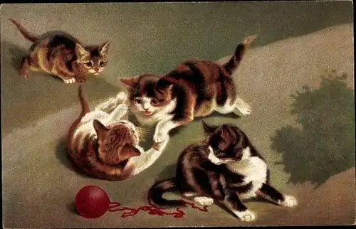 Ak Vier spielende Katzenbabys, rotes Wollknäuel
