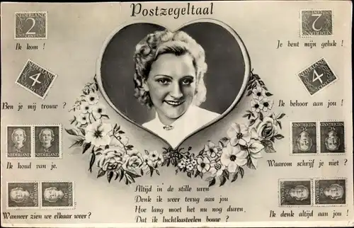 Ak Briefmarkensprache, Frau-Portrait, Postzegeltaal