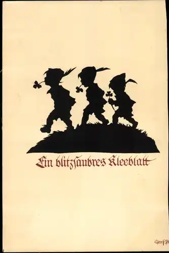 Scherenschnitt Künstler Ak Drei Jungen, Glücksklee, Ein blitzsauberes Kleeblatt