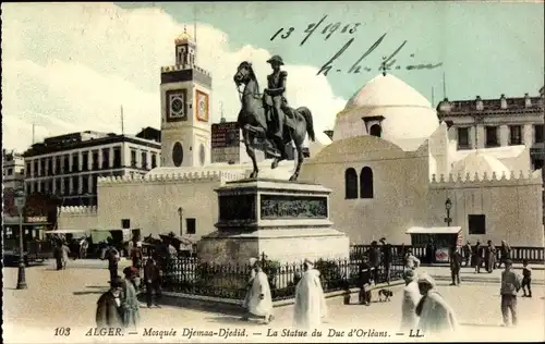 Ak Algier Alger Algerien, Mosque Dhemaa-Djedid, Statue du Duc d'Orleans, Statue, Moschee