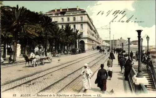 Ak Algier Alger Algerien, Boulevard de la Republique et Square Bresson, Schienen, Treppe, Kutsche