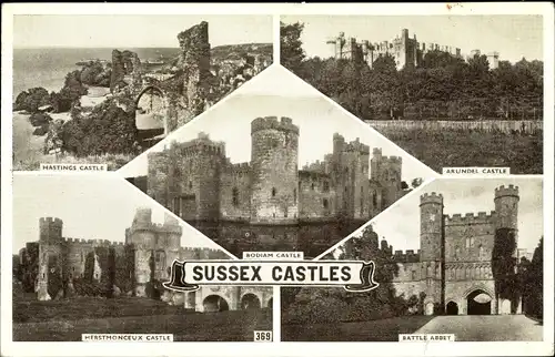 Ak Sussex England, Sussex Castles, Hastings Castle, Battle Abbey, Bodiam Castle