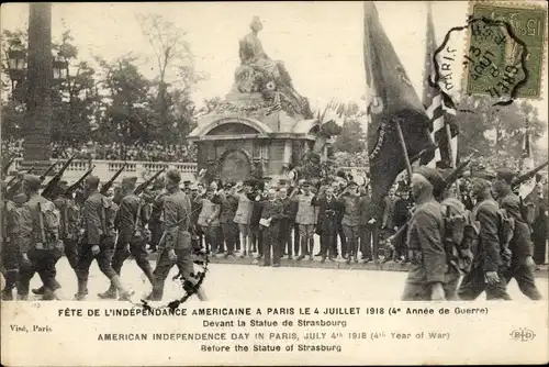 Ak Paris VIII, Statue de Strasbourg, Fete de L'Independance Americane a Paris le 4 Juillet 1918